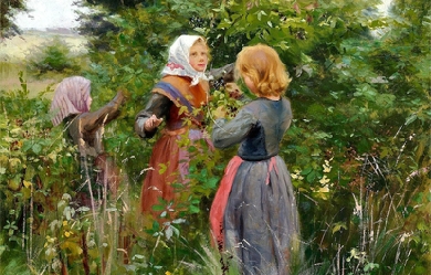 Three little girls picking blackberries, by H. A. Brendekilde