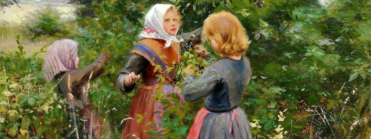 Three little girls picking blackberries, by H. A. Brendekilde