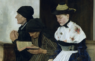 Three women in the church, by Wilhelm Leibl