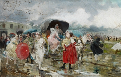 Exit of the bulls, rain, by Eugenio Lucas Villaamil