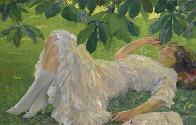 Woman lying on white, by Edward Cucouel