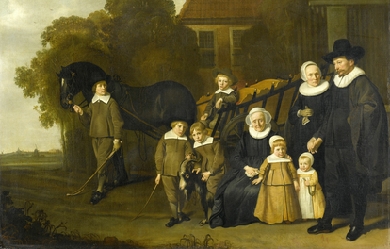 Portrait of the Meebeeck Cruywagen family near the gate of their country home on the Uitweg near Amsterdam., by Jacob van Loo