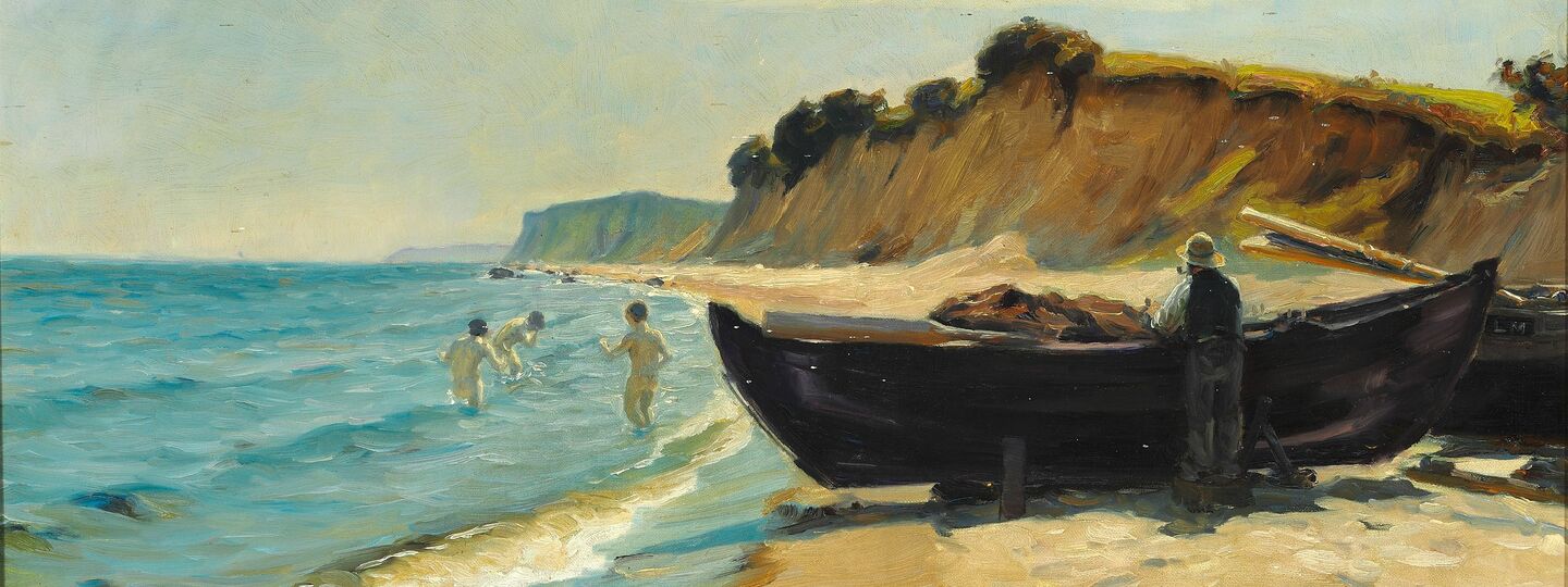 Summer Day at the Beach with Boys Bathing and a Fisherman at his Boat, by Hans Andersen Brendekilde