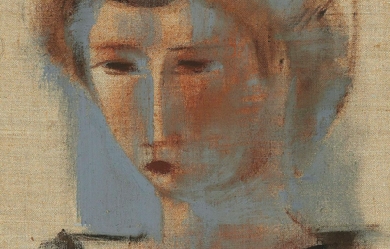 Girl's head on raw linen, by Oskar Schlemmer