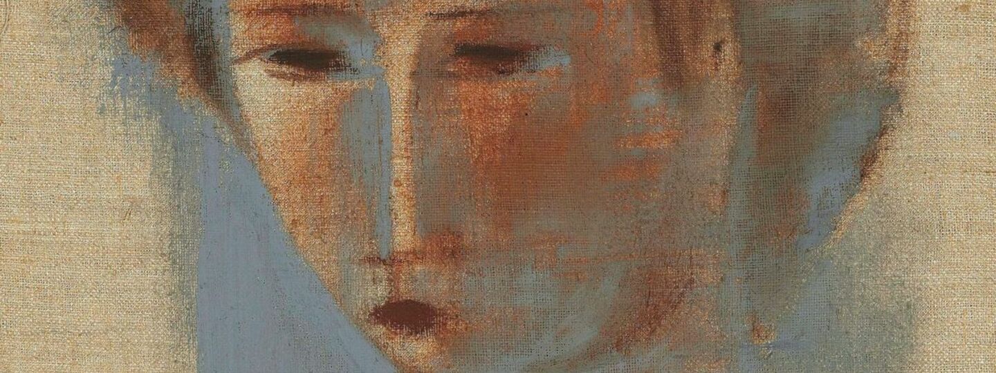 Girl's head on raw linen, by Oskar Schlemmer