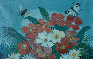 Vase of flowers with butterfly and bee, by Antonio Ligabue