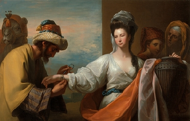 Isaac's servant tying the bracelet on Rebecca's arm, by Benjamin West