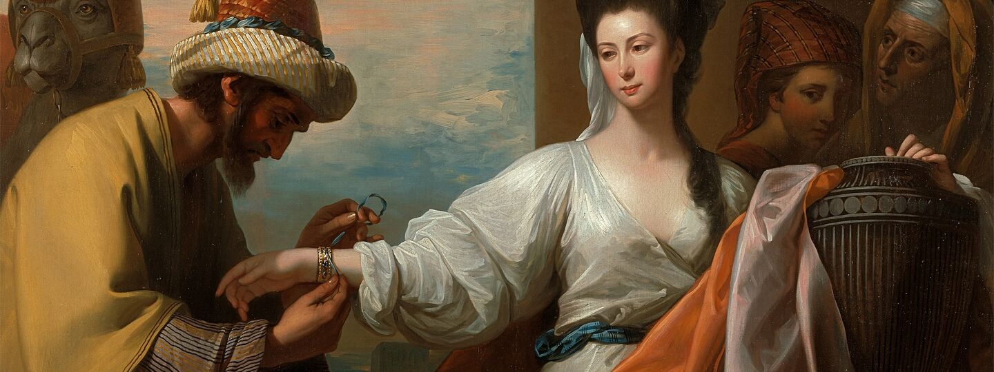 Isaac's servant tying the bracelet on Rebecca's arm, by Benjamin West