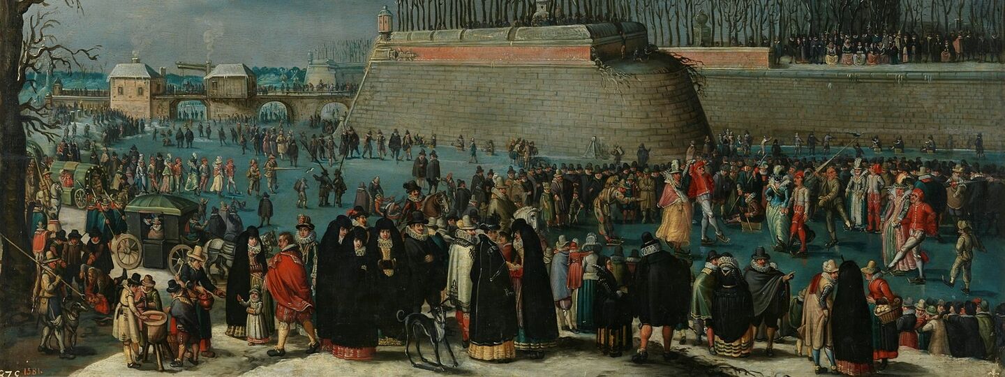 Masquerade skating or Carnival on the ice of the Kipdorppoort pits in Antwerp, by Denis van Alsloot