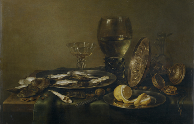 Still life with silver cup, roemer cup and oysters, by Willem Claesz. Heda