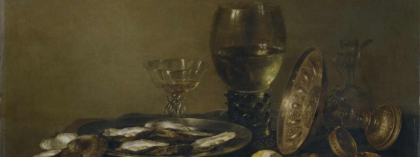 Still life with silver cup, roemer cup and oysters, by Willem Claesz. Heda