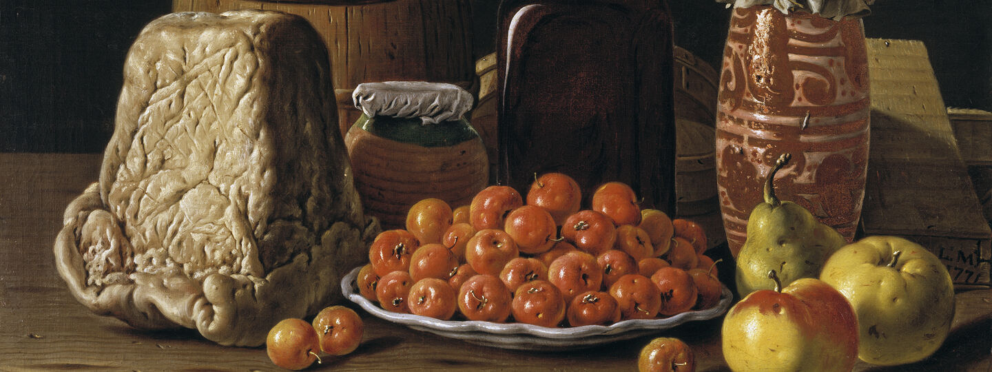Still Life with Plate of Haw Berries, Fruits, Cheese, Honey-Jar and Vessels, by Luis Egidio Meléndez