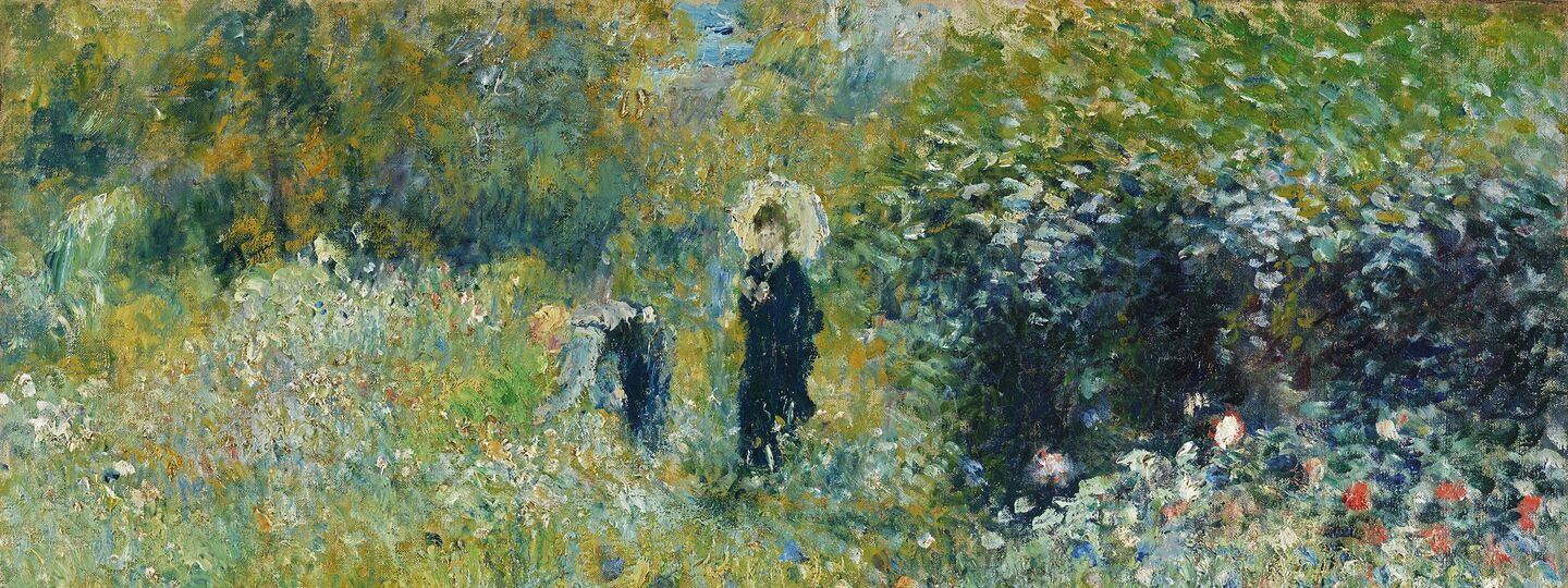 Woman with umbrella in a garden, by Pierre-Auguste Renoir