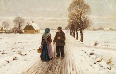 Winter landscape with an old couple on a road, by Hans Andersen Brendekilde