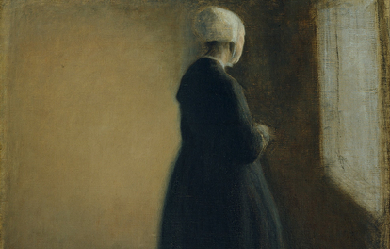 An old woman standing by a window, by Vilhelm Hammershøi