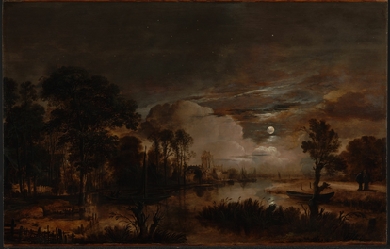 Moonlit Landscape with a View of the New Amstel River and Castle Kostverloren, by Aert van der Neer