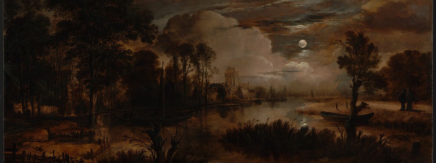 Moonlit Landscape with a View of the New Amstel River and Castle Kostverloren, by Aert van der Neer