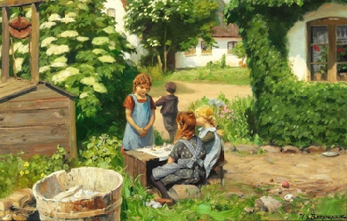 Little Girls Having A Tea Party Among Elder Bushes In Bloom, by Hans Andersen Brendekilde