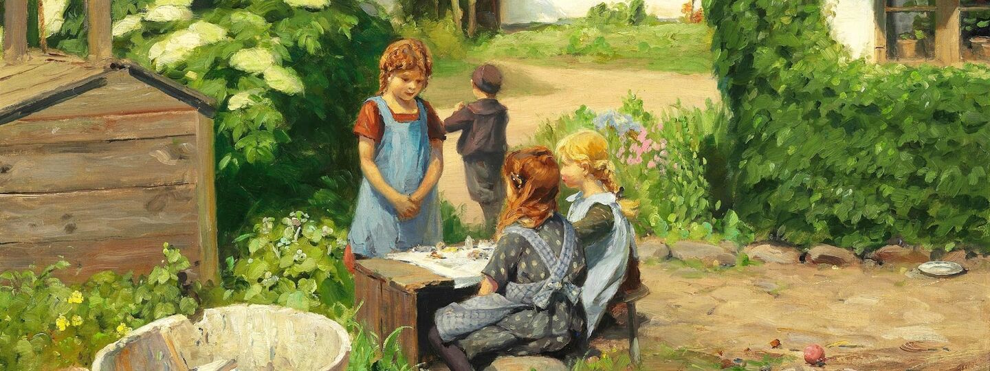 Little Girls Having A Tea Party Among Elder Bushes In Bloom, by Hans Andersen Brendekilde