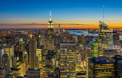 New York City skyline at sunset.