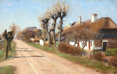 Summer day with houses along a country road, by Hans Andersen Brendekilde