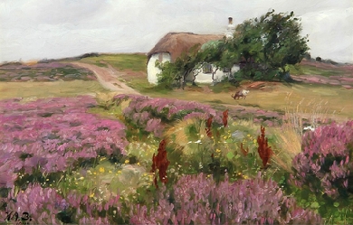 Summer day in the countryside with heather and a thatched cottage in the background, by Hans Andersen Brendekilde