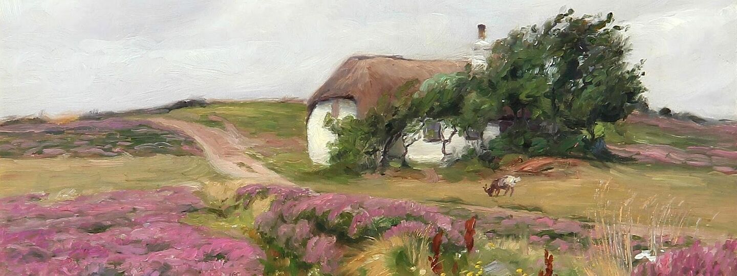 Summer day in the countryside with heather and a thatched cottage in the background, by Hans Andersen Brendekilde