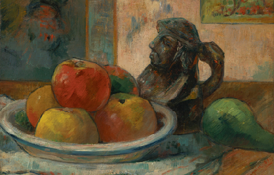 Still Life with Apples, a Pear, and a Ceramic Portrait Jug, by Paul Gauguin