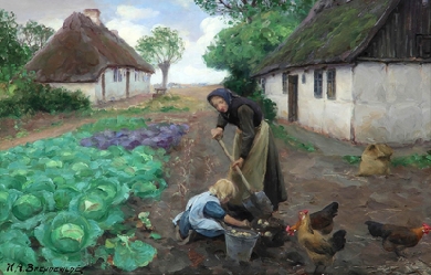 Grandmother and grand daughter are digging potatoes near a thatched cottage, by Hans Andersen Brendekilde