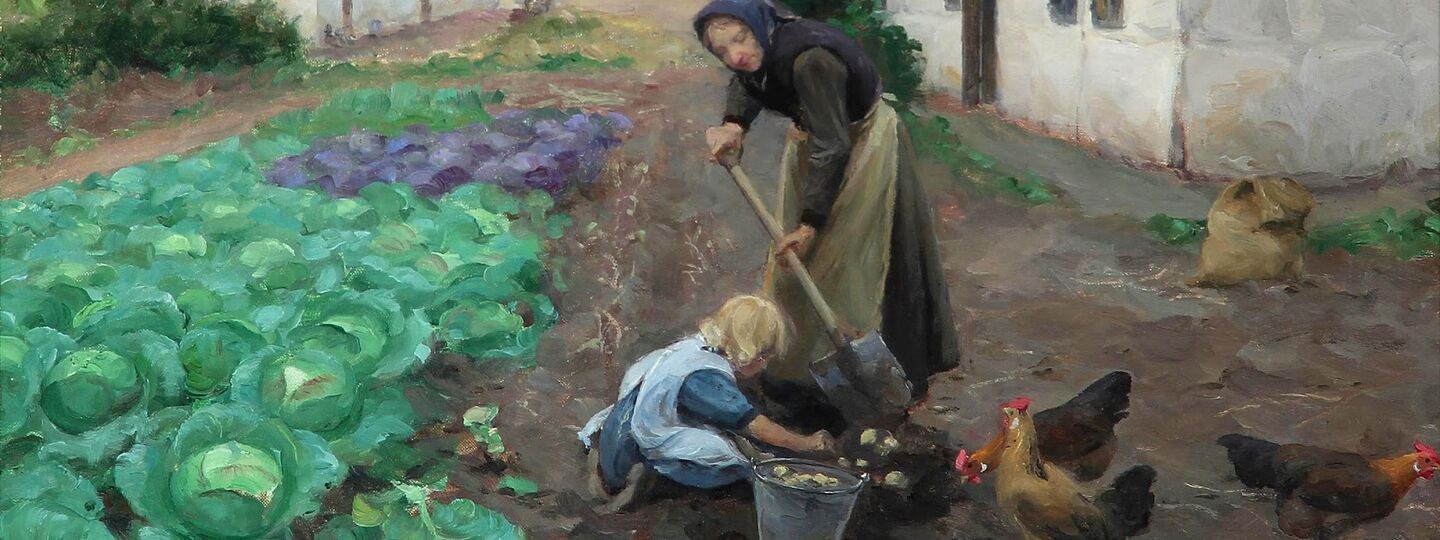 Grandmother and grand daughter are digging potatoes near a thatched cottage, by Hans Andersen Brendekilde