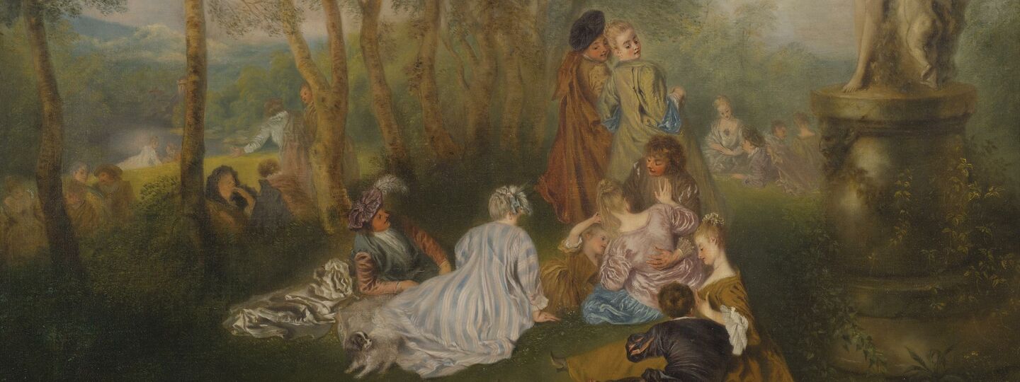 Fête galante with a statue of Venus, by Jean-Antoine Watteau