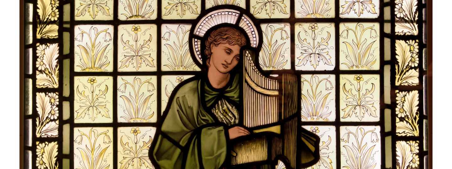 St. Cecilia stained glass panel, by William Morris