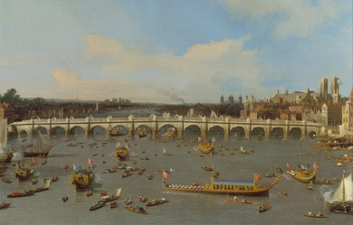 Westminster Bridge, with the Lord Mayor's Procession on the Thames, by Canaletto