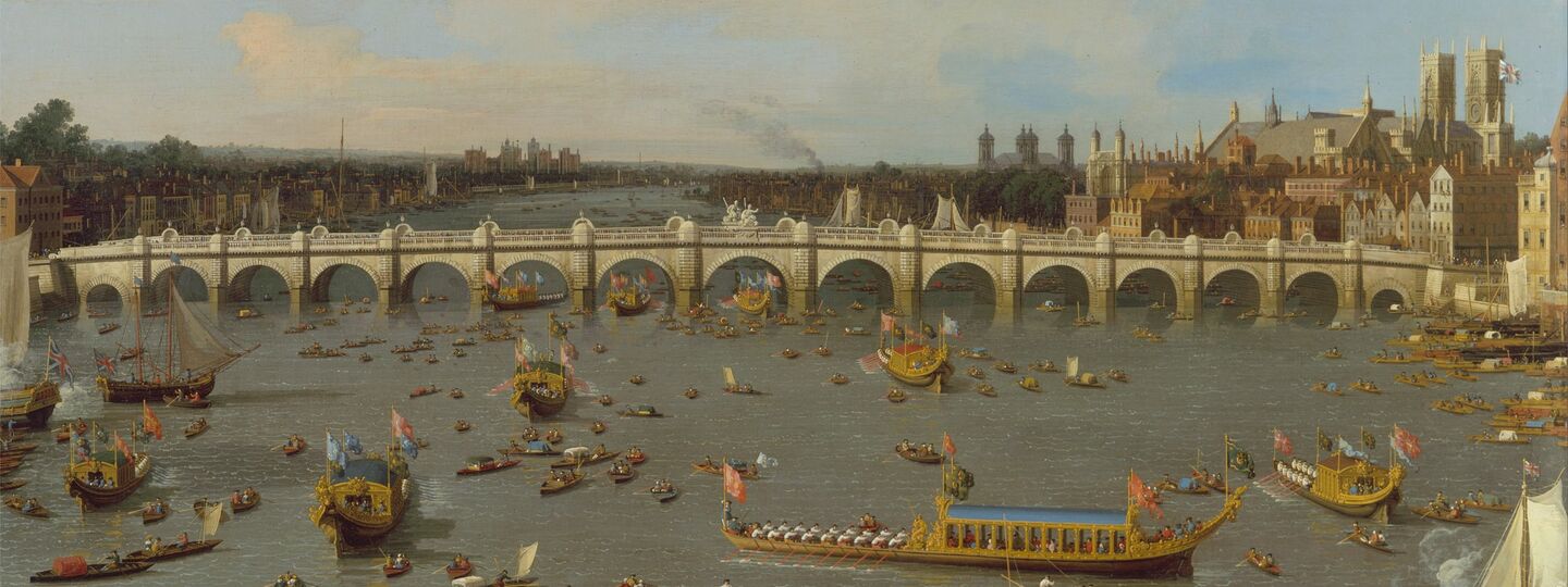 Westminster Bridge, with the Lord Mayor's Procession on the Thames, by Canaletto