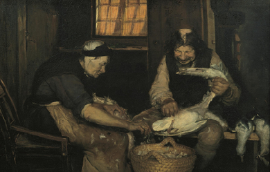 Old couple plucking gulls. Lars Gaihede and old Lene, by Anna Ancher