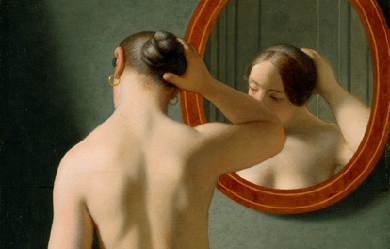 A nude woman doing her hair before a mirror, by Christoffer Wilhelm Eckersberg