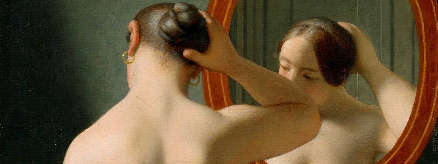A nude woman doing her hair before a mirror, by Christoffer Wilhelm Eckersberg