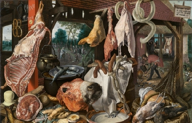 A Meat Stall with the Holy Family Giving Alms, by Pieter Aertsen