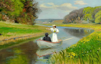 Spring. A young couple in a rowing boat on Odense., by H. A. Brendekilde