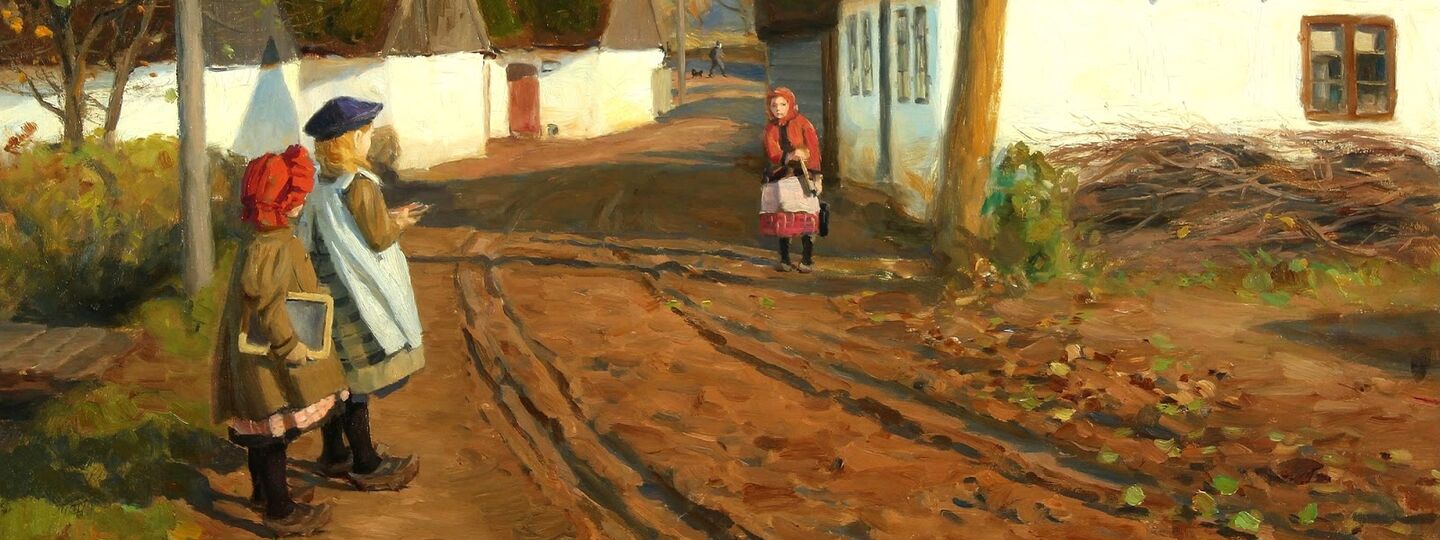 Street in abbednaes by gauno, three playful girls, by Hans Andersen Brendekilde