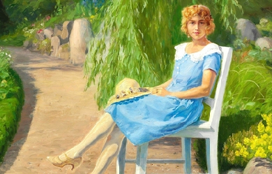 Young woman in a light blue summer dress in the park, by Hans Andersen Brendekilde