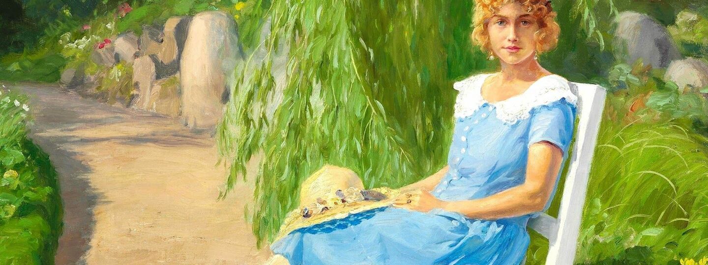 Young woman in a light blue summer dress in the park, by Hans Andersen Brendekilde