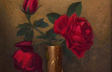 Red Roses in a Japanese Vase on a Gold Velvet Cloth, by Martin Johnson Heade