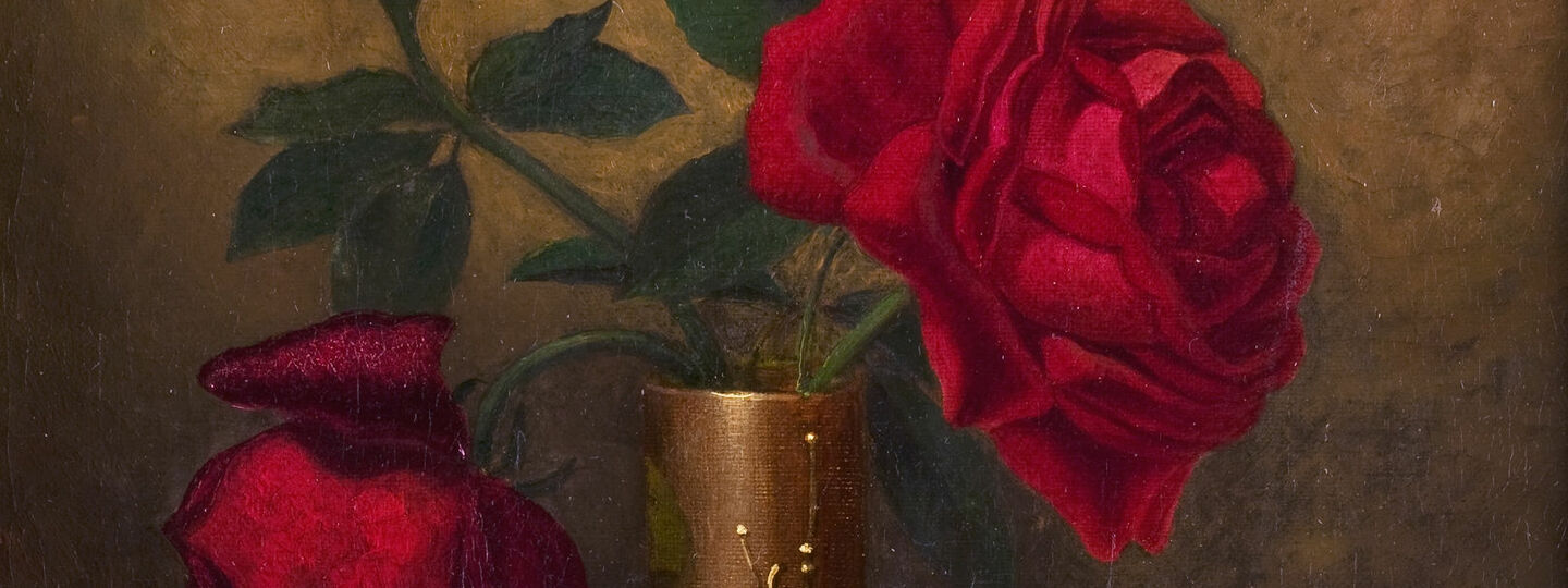 Red Roses in a Japanese Vase on a Gold Velvet Cloth, by Martin Johnson Heade